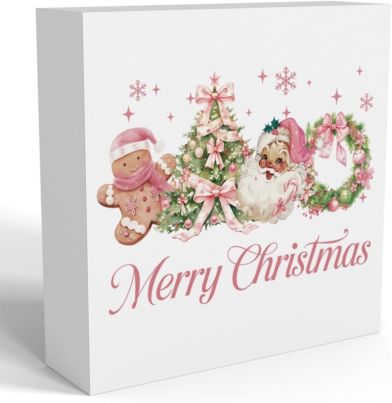 FXEFXE Pink Christmas Decor, Christmas Decorations Indoor, Coquette Bow Xmas Tree Santa Claus Gingerbread Sign Gift for Women Friends, Rustic Wooden Box Sign for Home Office Bedroom Desk Decor 5x5 Inches - Image 1